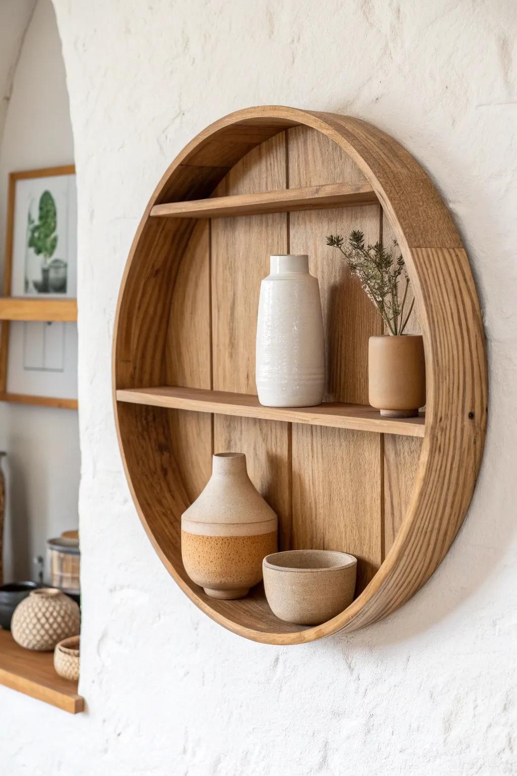 Three matte ceramics on a round oak shelf—then let the empty space do the styling.