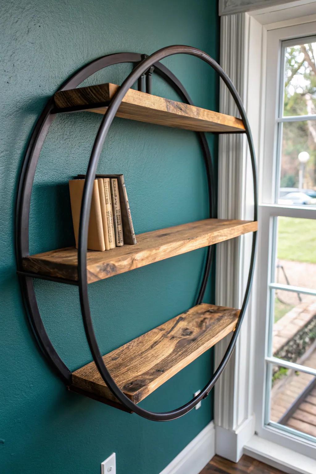 Chunky live-edge boards inside a round frame—rustic texture meets minimalist Scandinavian style.