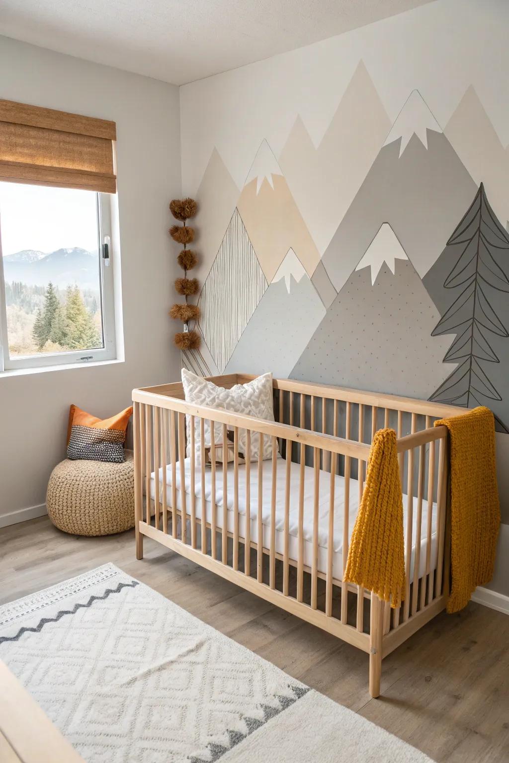 Handcrafted oak crib framed by a soft neutral mountain mural—rustic adventure, calm and cozy.