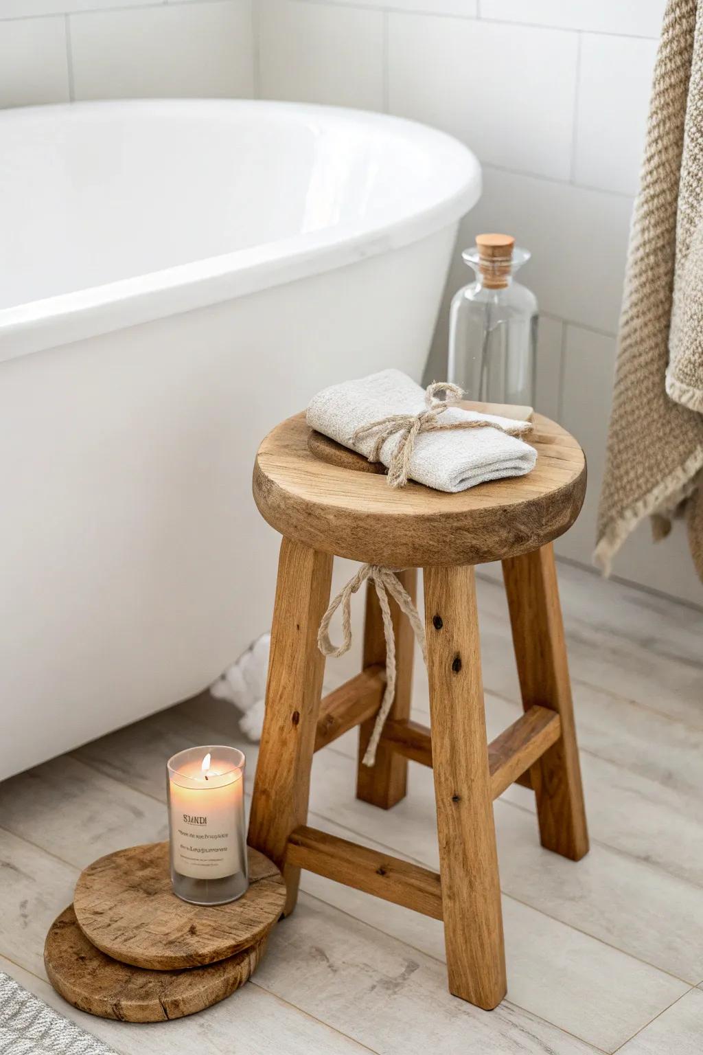 A rustic wood stool beside the tub—perfect for towels, candles, and that handmade touch.