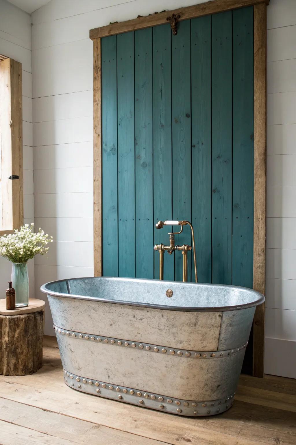 Vintage trough tub + raw wood frame: farmhouse strength with minimalist Scandinavian calm.