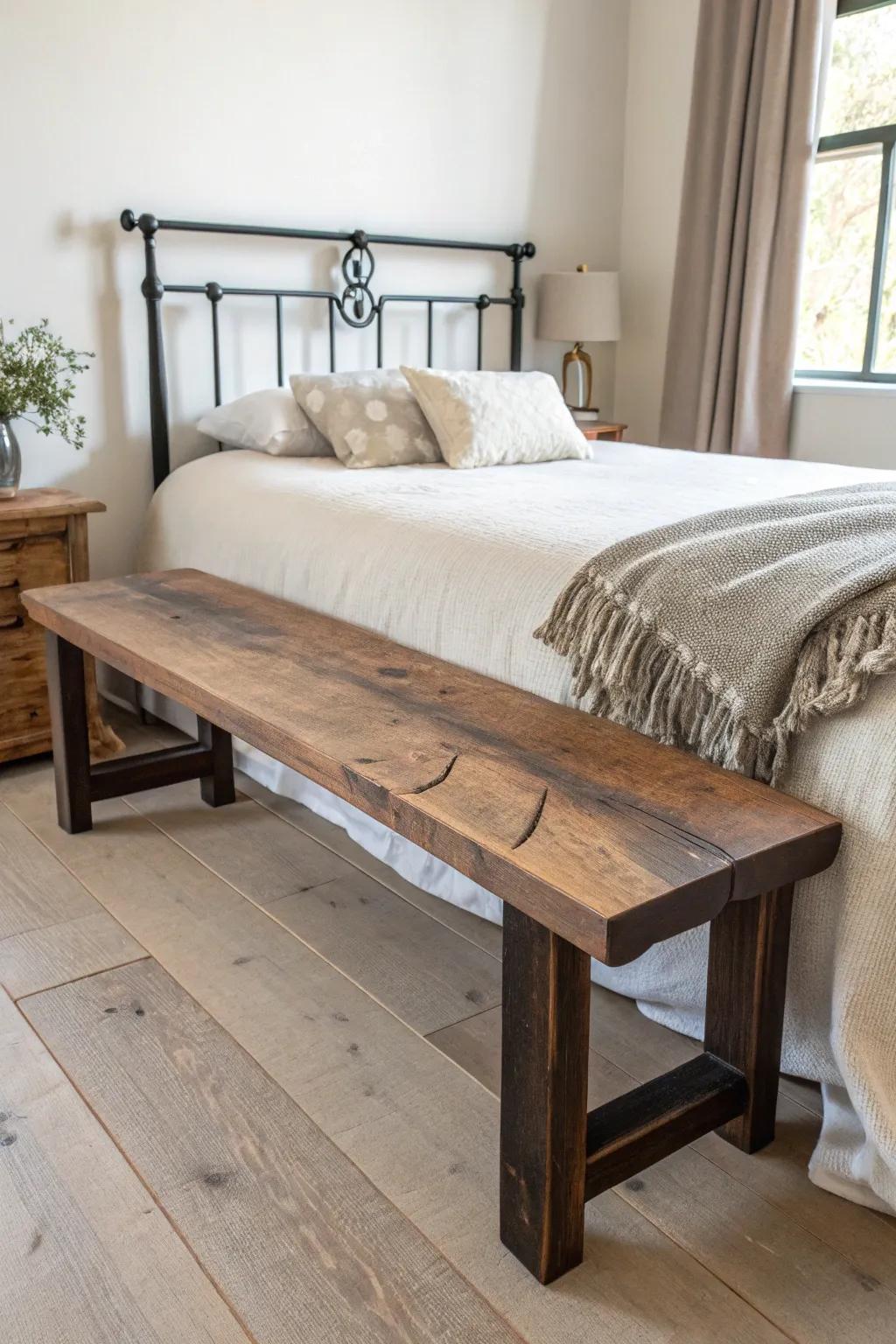 Warm walnut bench meets bold black iron bed—rustic romance with breathable minimal style.