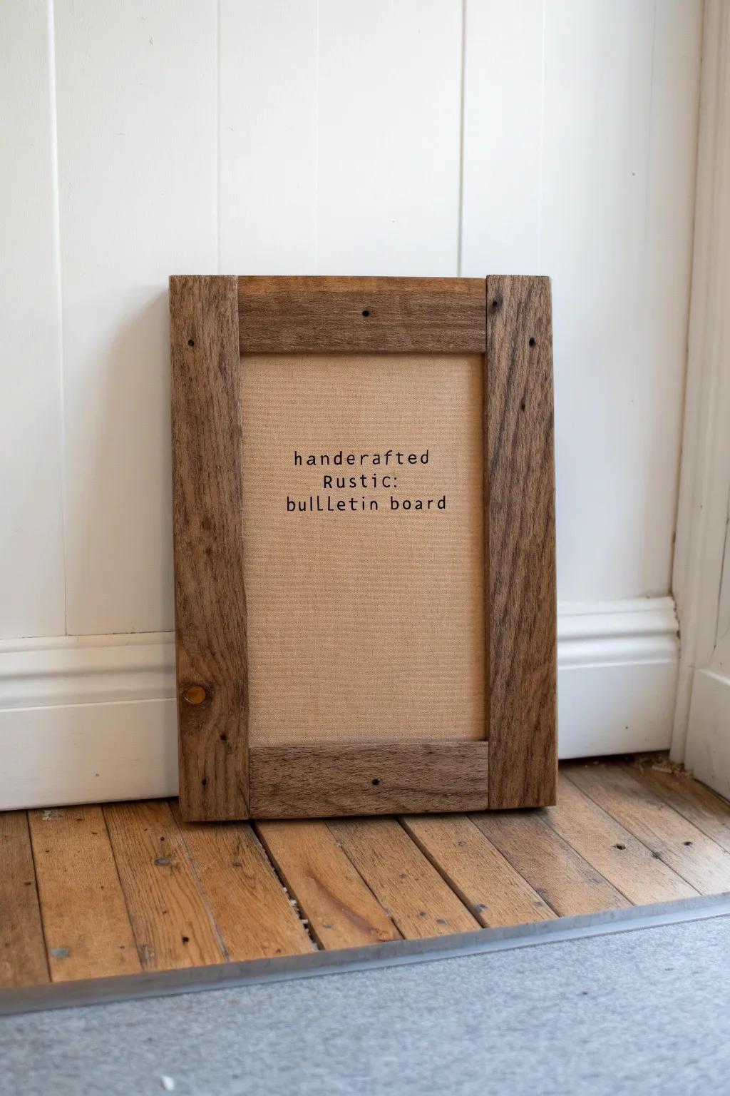 A rustic wood bulletin board with a framed kraft-paper quote—decorative even when empty.
