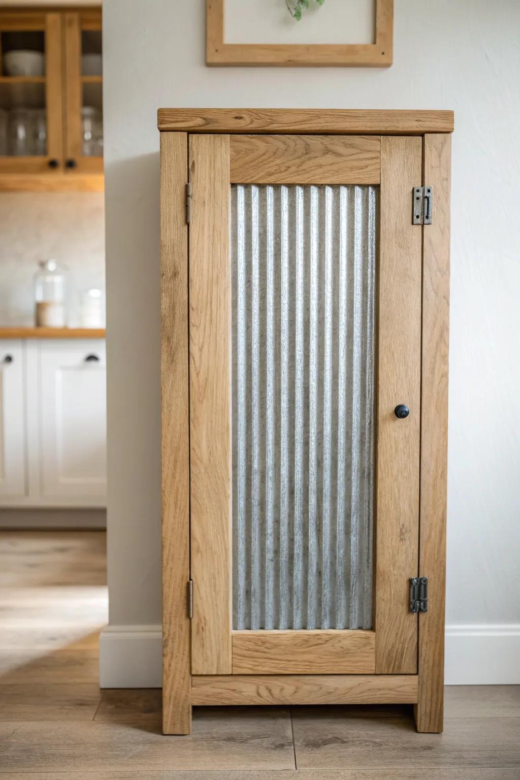 Rustic-meets-industrial: corrugated metal inset in a warm oak frame for bold pantry-door charm.