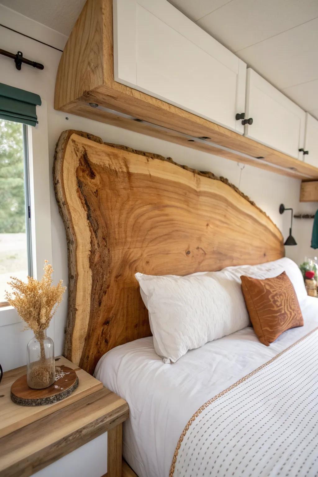 A live-edge headboard brings cabin warmth to your camper—simple, bold, and beautifully handmade.