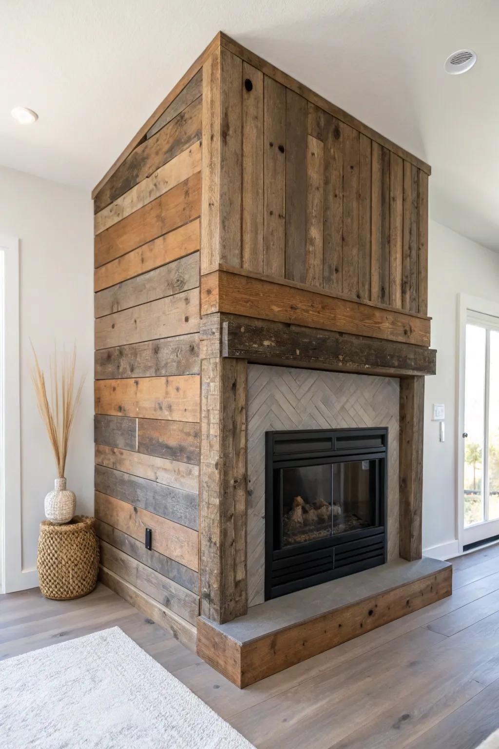 Barn wood planks add instant patina to a corner fireplace—rustic texture with minimalist calm.