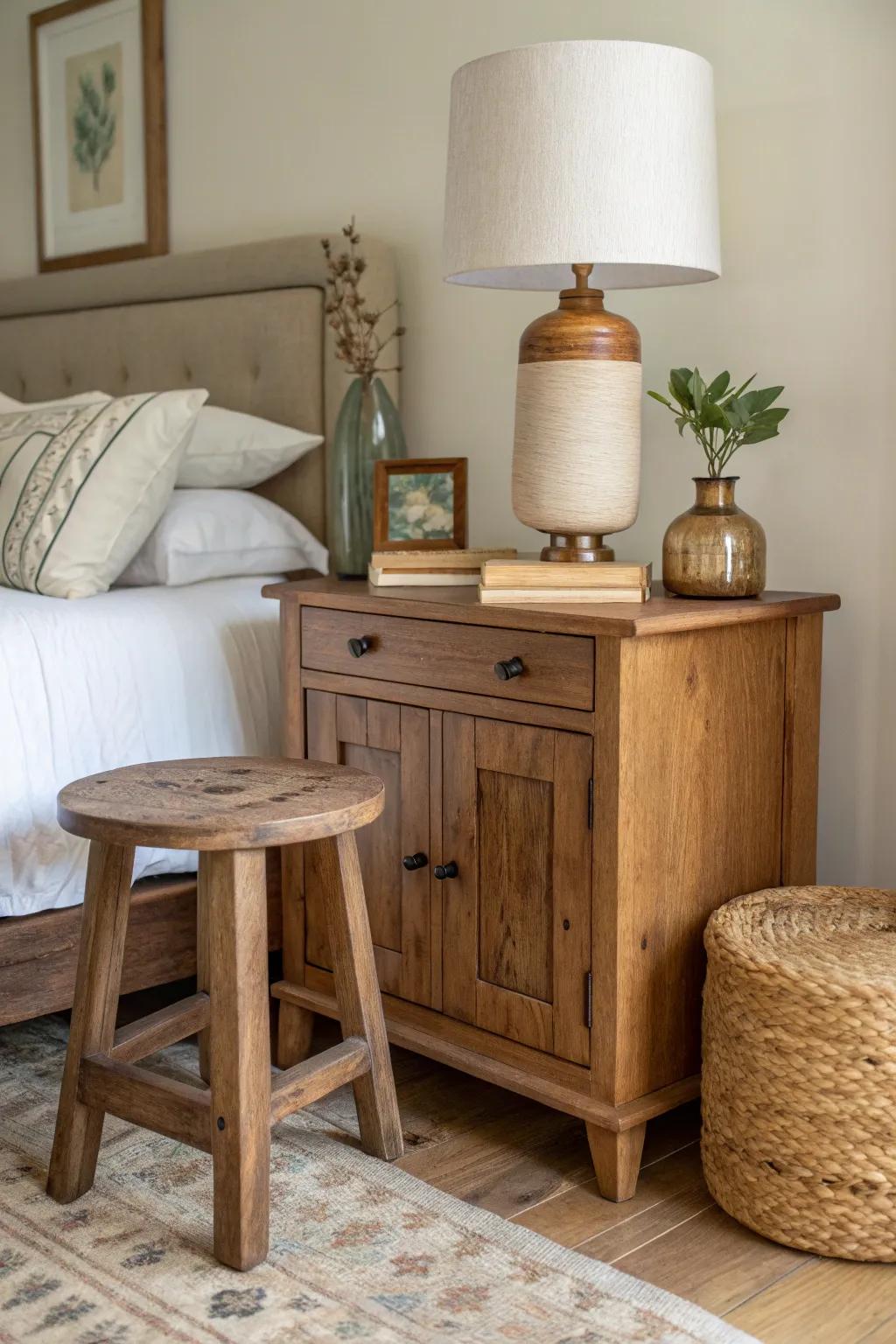 Mismatched nightstands, one shared stain—rustic charm with Scandinavian calm and boho warmth.