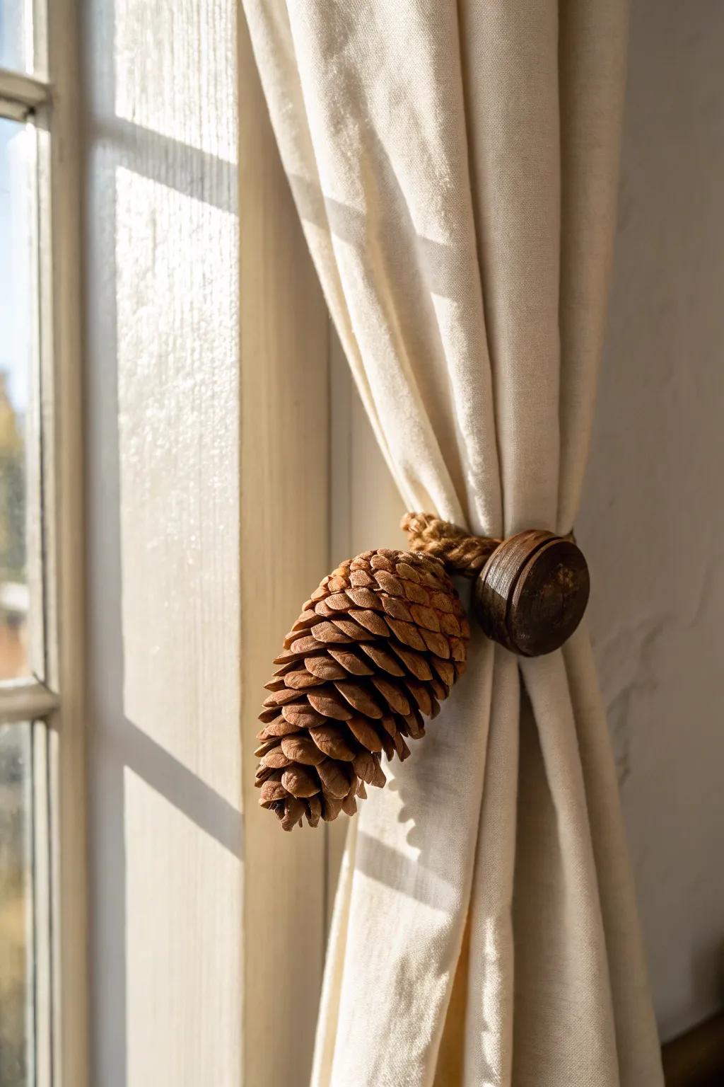 Warm-stained carved wood pinecone tieback—simple cabin charm with a clean Scandinavian look.