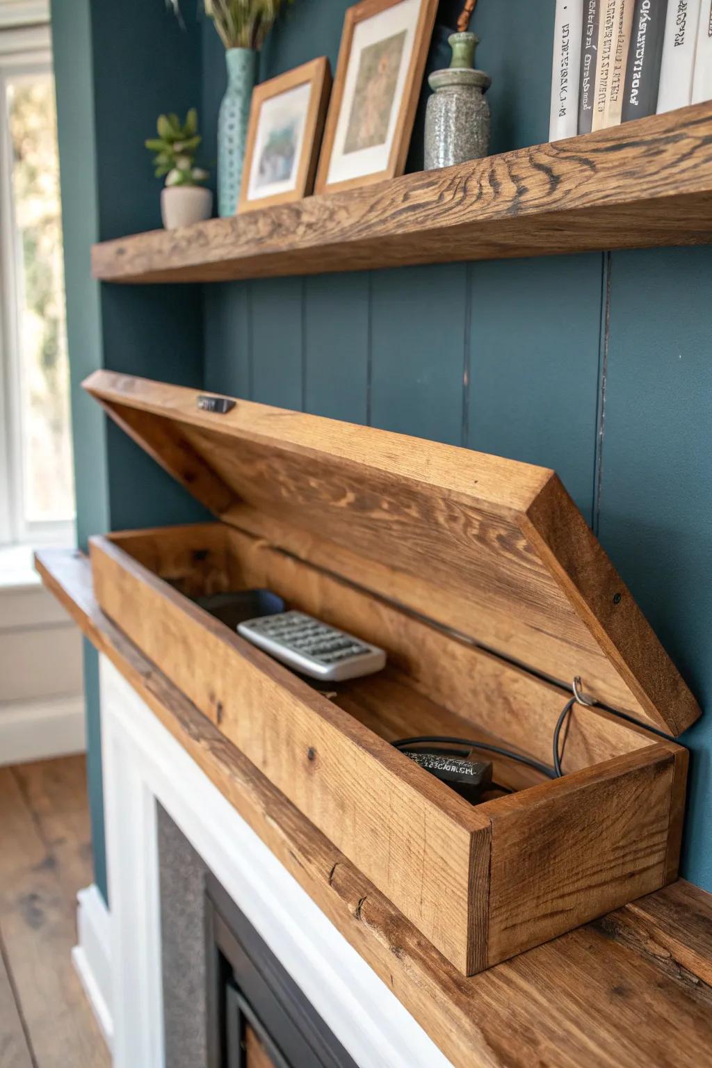 Rustic flip-top wood mantel with hidden storage—remotes and cords tucked away, den stays calm.