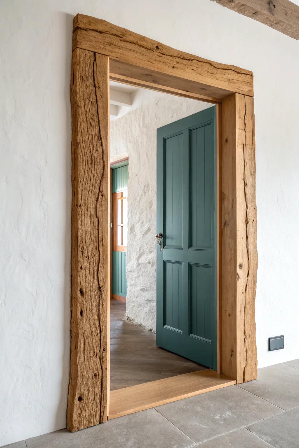 Live-edge side casings turn a simple doorway into a warm, one-of-a-kind rustic statement.