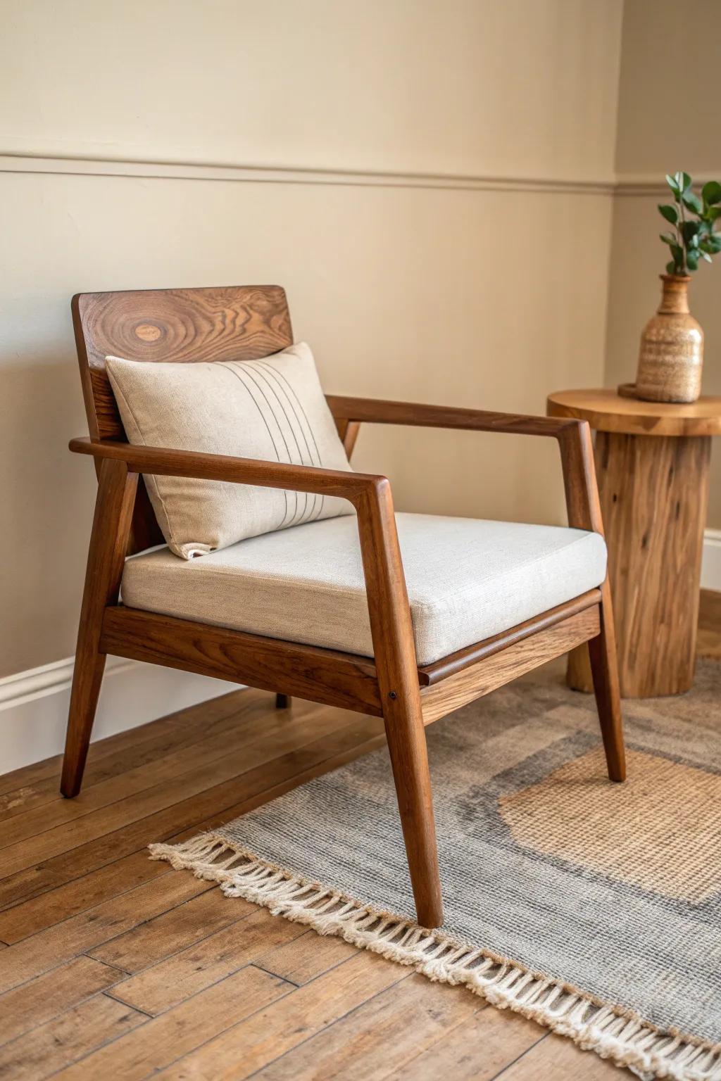 Unify mixed wood tones with one honey-walnut stain for a grounded, rustic earth look.