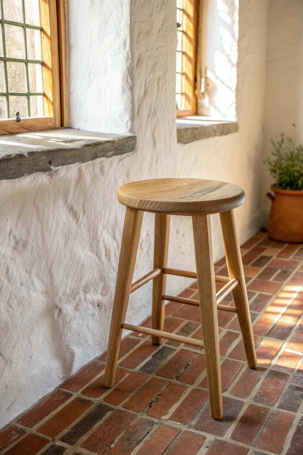Old-world entryway vibes: brick-look floors in warm terracotta, paired with a handcrafted oak stool.