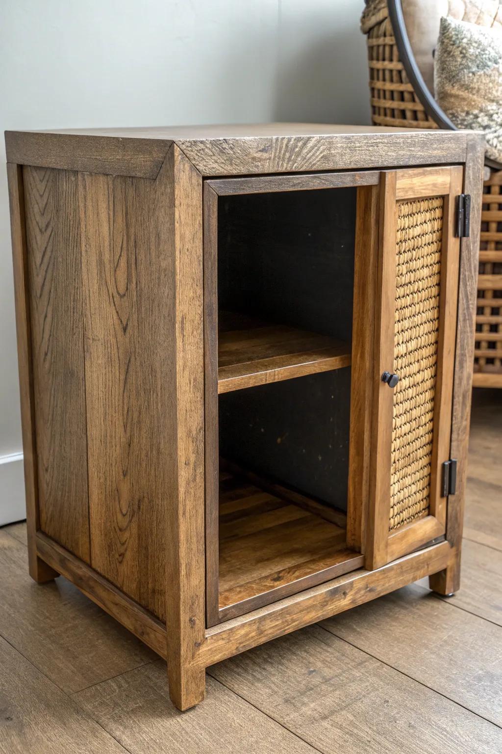 Rustic garage bar upgrade: a quiet, breathable under-bar cooler cubby with bold contrast.