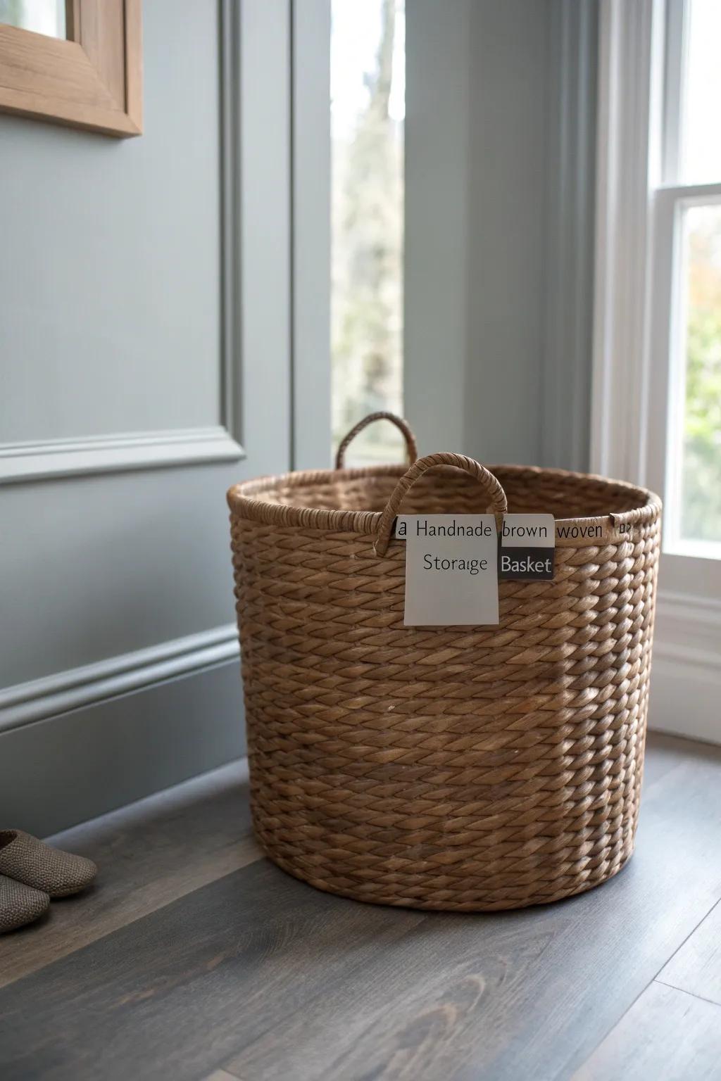 Brown woven basket with a grey label—rustic storage that keeps a cozy room calm.