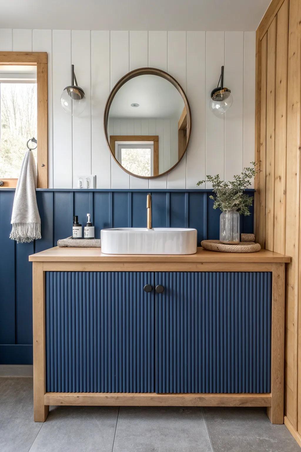 Sealed tin wainscoting below + warm wood above: a rustic vanity wall built for splashes.