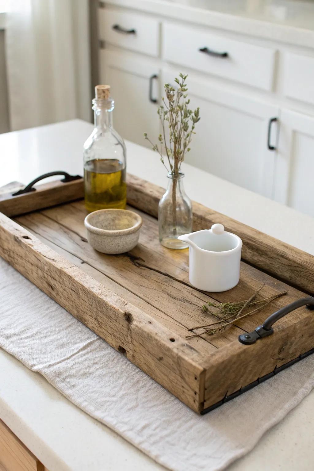 A reclaimed wood tray turns everyday oils and salt into a clean, rustic kitchen vignette.