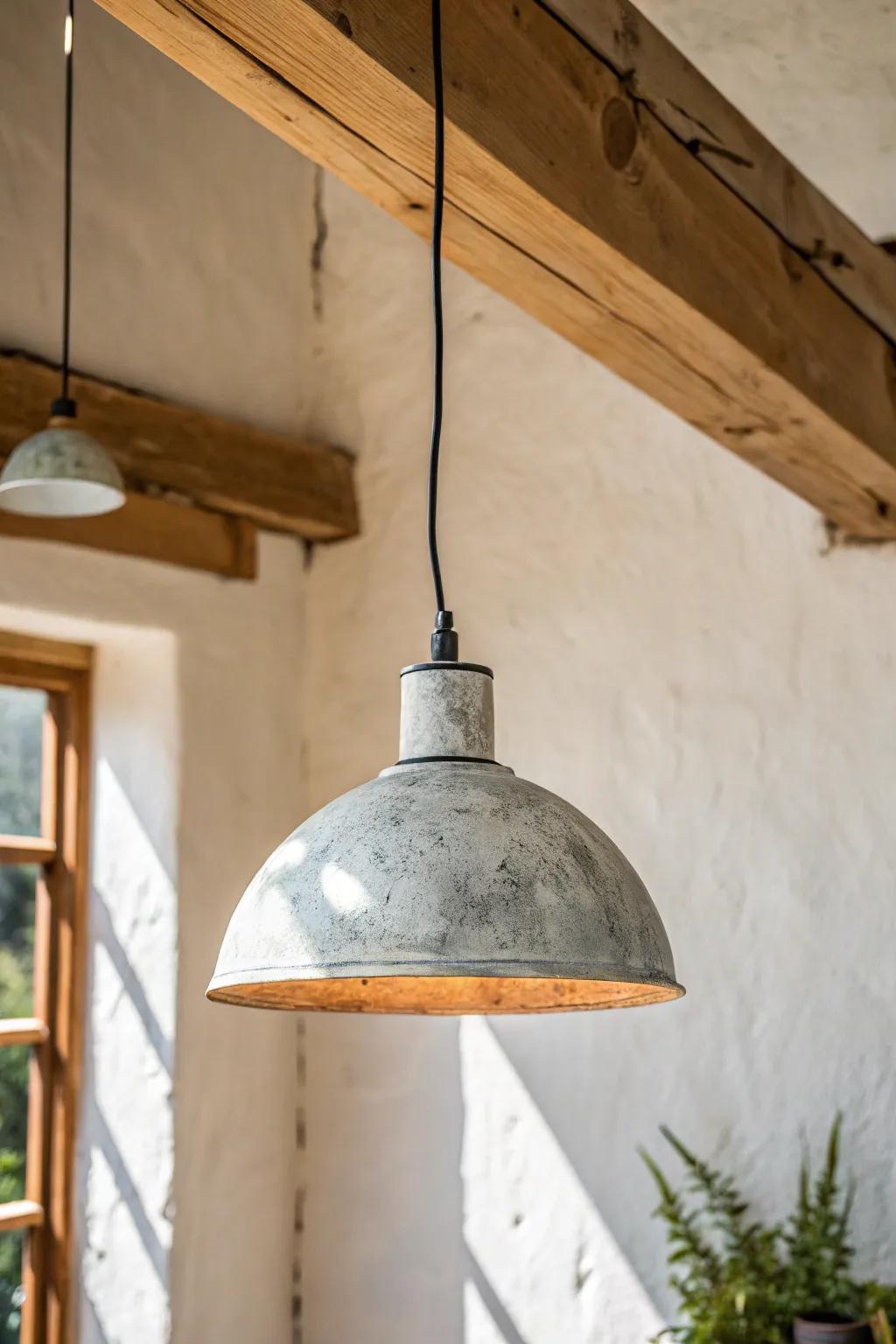 Rustic galvanized shade pendant—vintage utility style with warm, focused light and bold contrast.