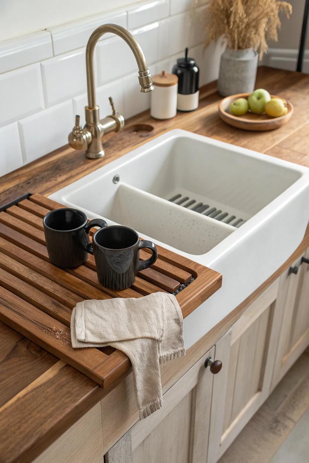 Handmade slatted wood drainboard—rustic practicality with Scandinavian calm and bold contrast.