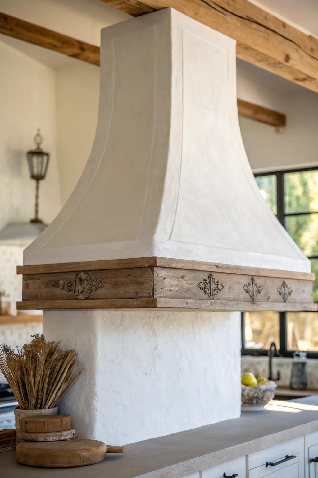 Soft sculpted plaster hood with rugged wood beam trim—farmhouse charm, light and modern.