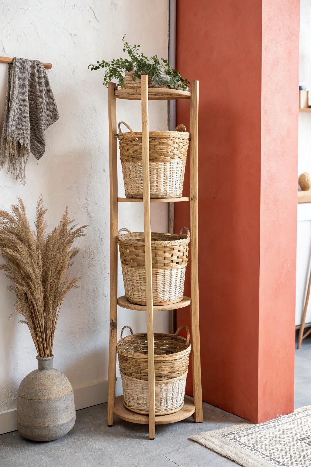 A cozy wicker-and-wood basket tower that keeps loose shop finds tidy and beautifully displayed.