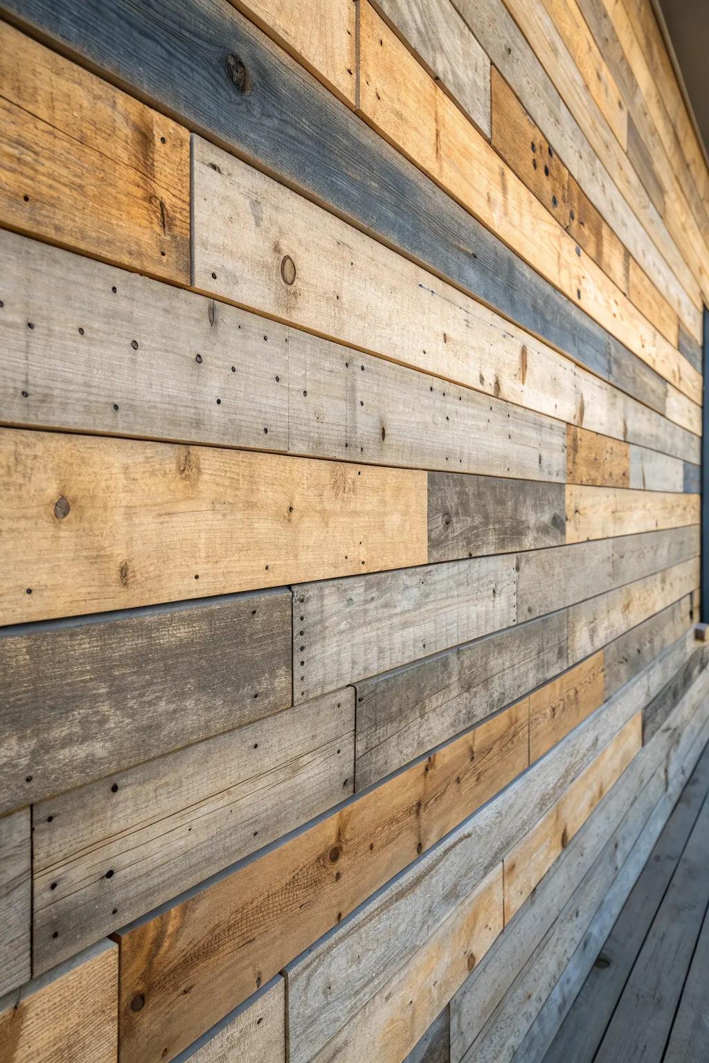 Mixed-tone shiplap blends gray, brown, and honey for a wall that looks beautifully timeworn.