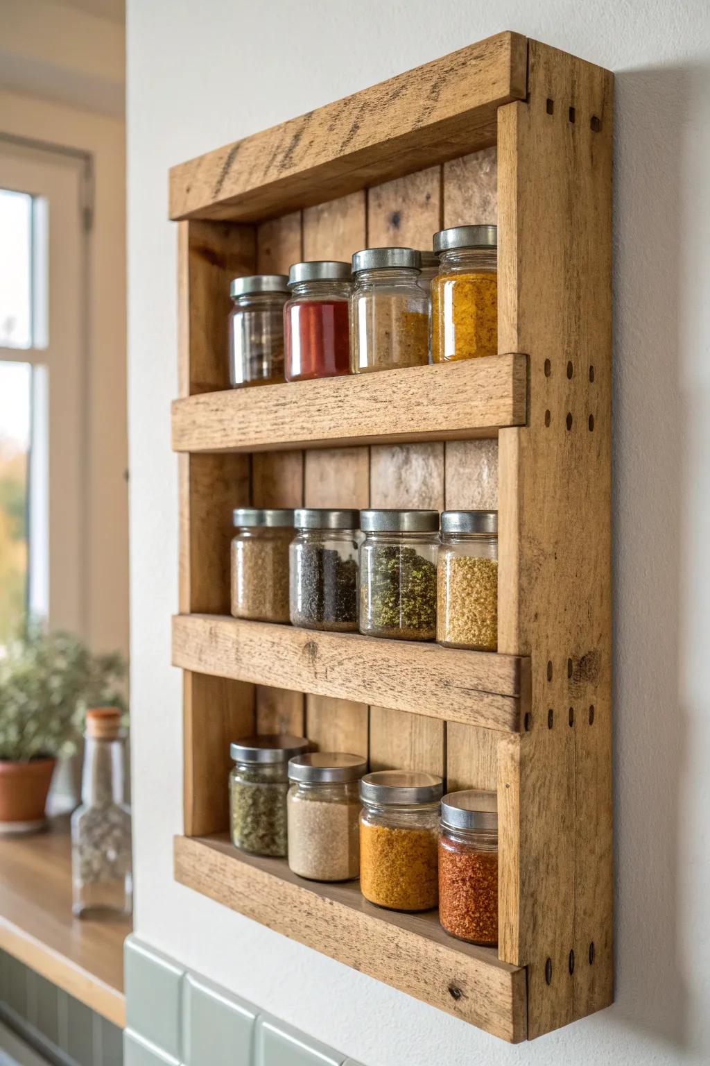 Rustic crate-style wall spice rack—rough joinery, tidy grid dividers, bold spice pops.