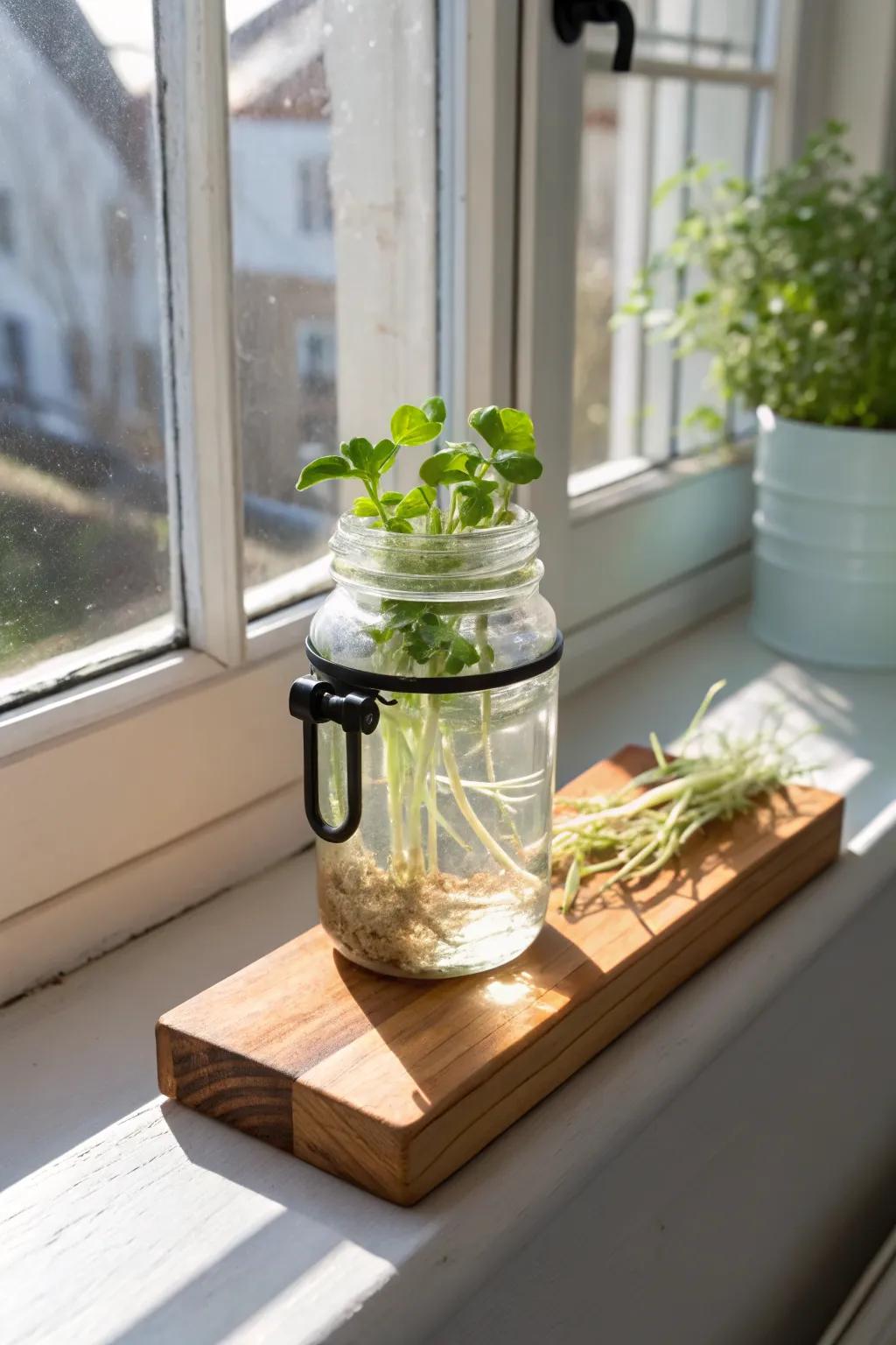 Rustic spring charm: a mason-jar window planter that lets cuttings root in the sunlight.