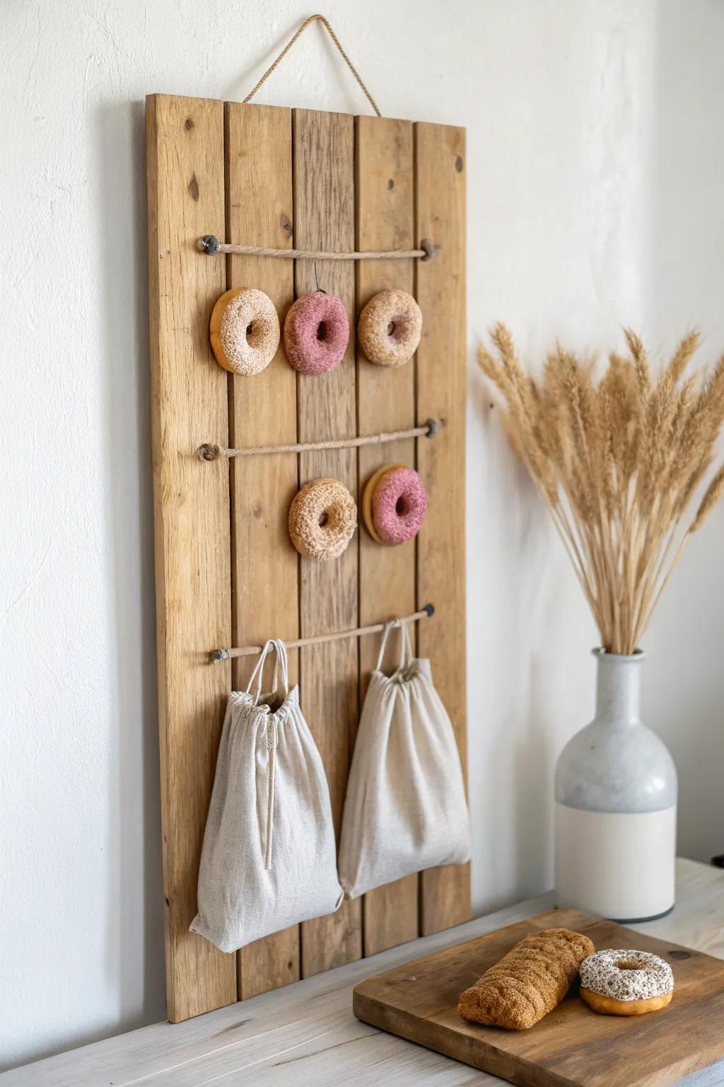 Rustic Sweet 16 treat wall: a minimal wooden peg board for donuts, favors, and photos.
