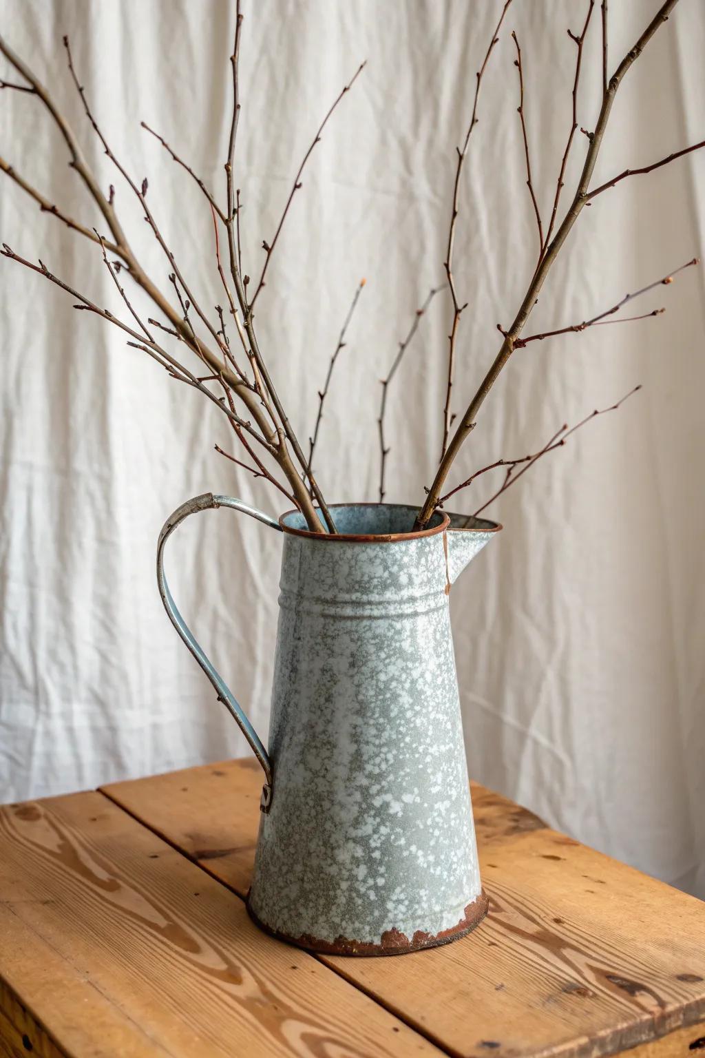 Weathered metal pitcher on warm wood—rustic contrast with airy branches for a simple tablescape.