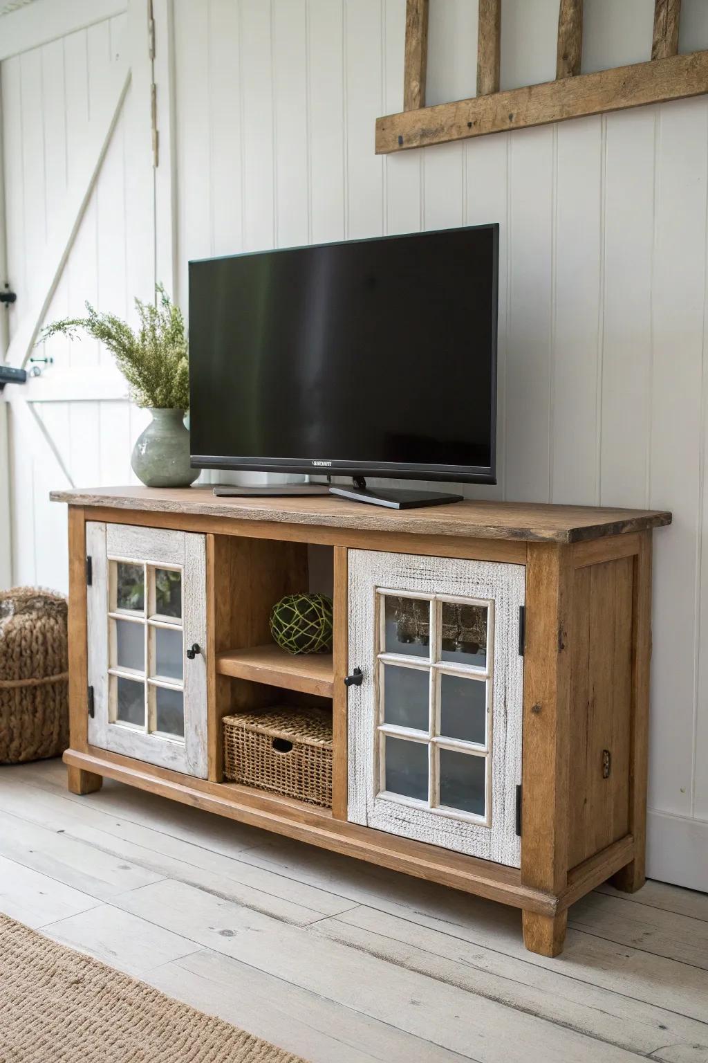 Salvaged window panels turn a simple rustic TV stand into a farm-sale-inspired statement.