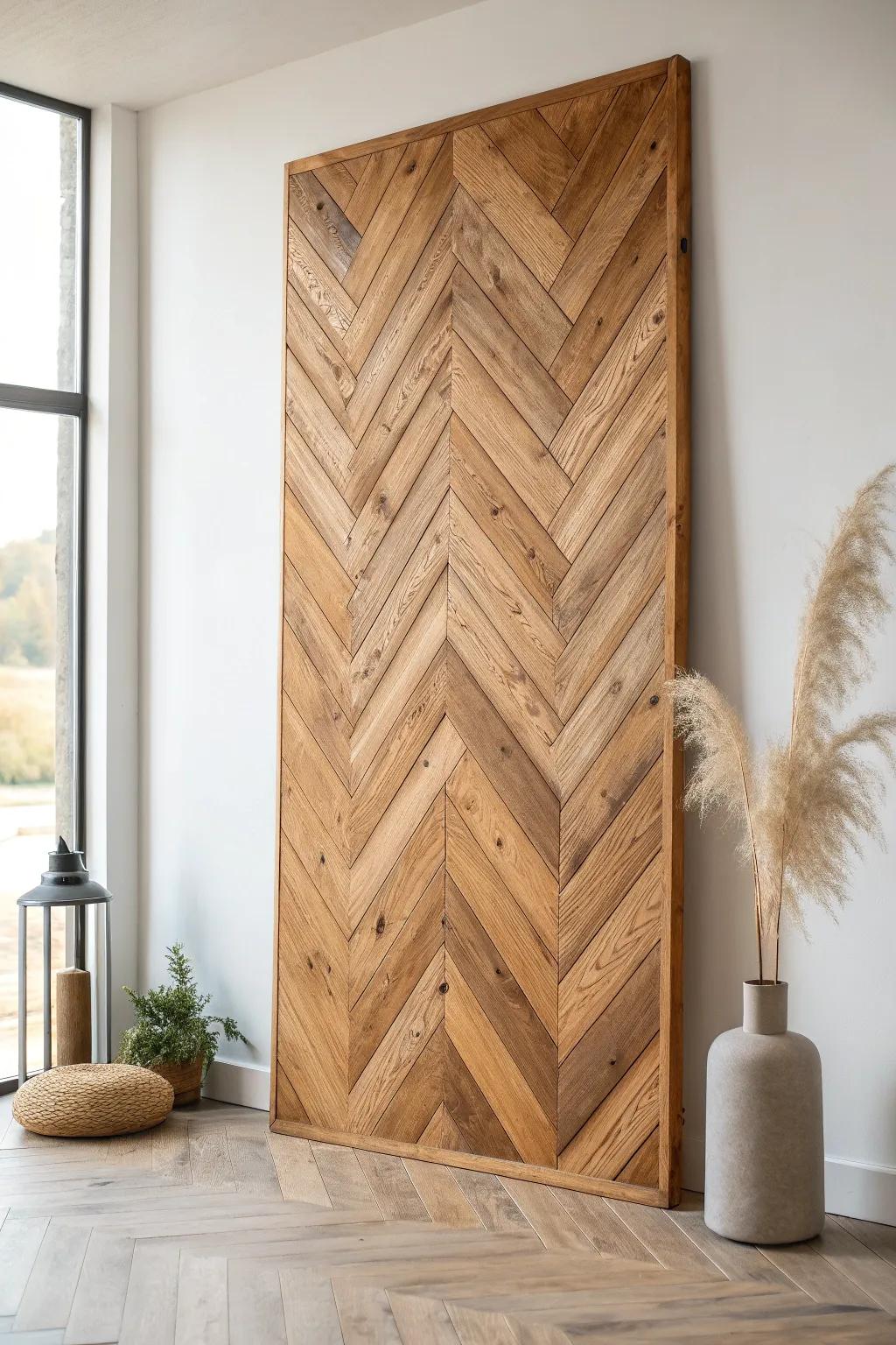 Reclaimed herringbone boards add rustic drama—rich grain, bold contrast, and cozy texture.