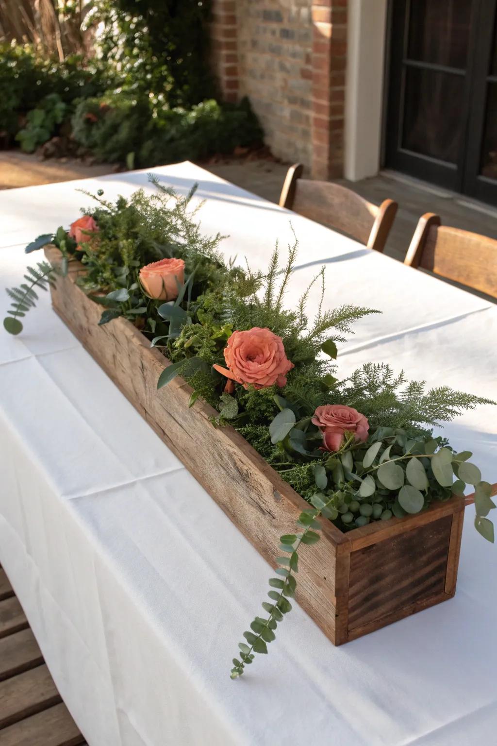 Rustic reclaimed-wood trough with cascading greens and a few bold blooms—effortlessly chic.
