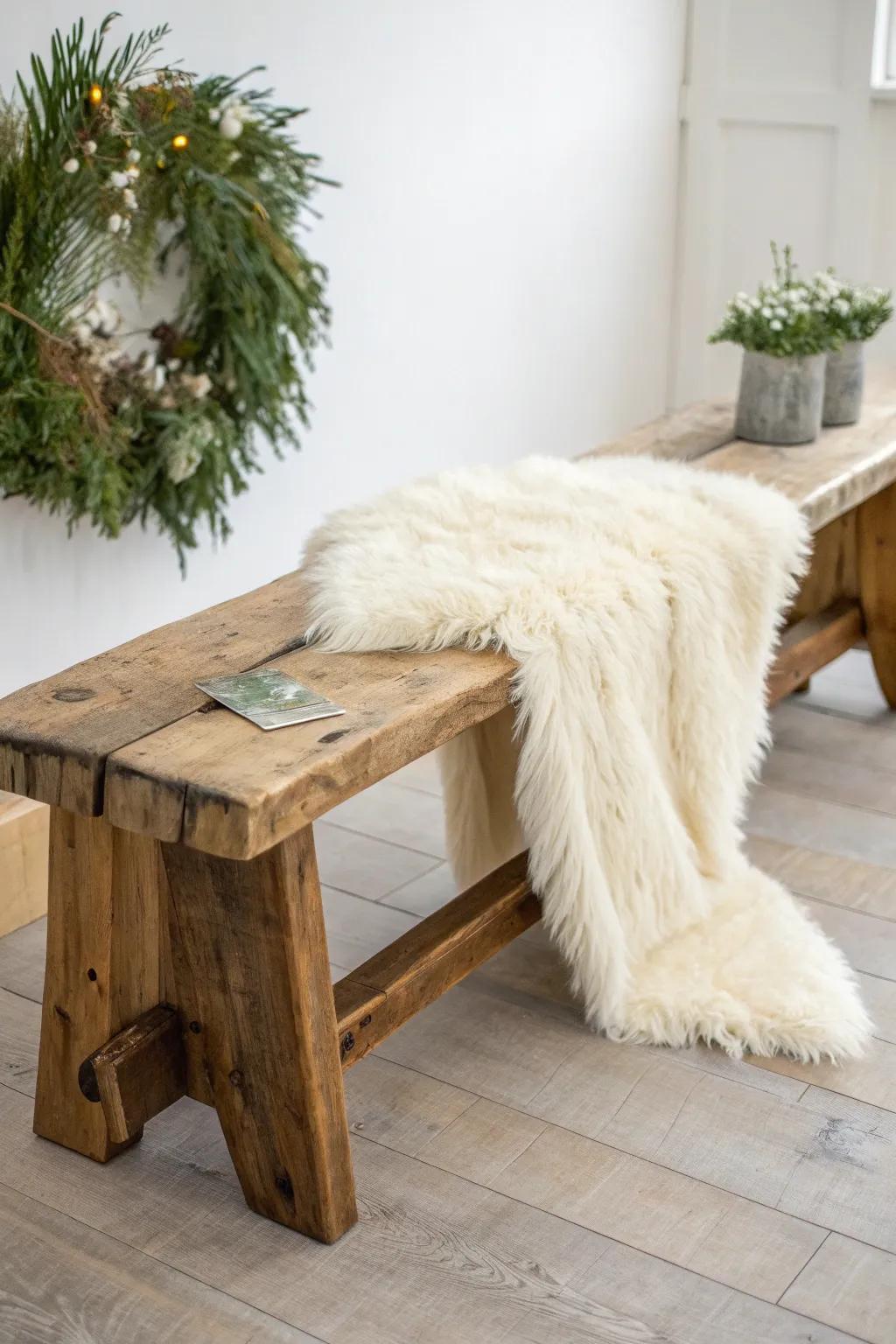Cozy faux fur layers on a rustic reclaimed-wood bench for a winter wedding glow.