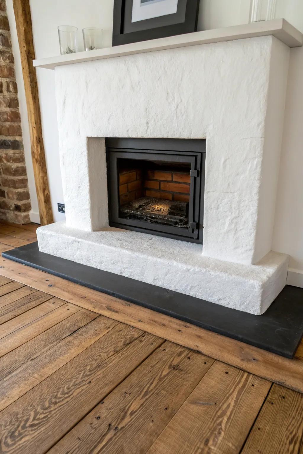 Knotty, color-swirled planks at the fireplace hearth make rustic wood flooring the star.