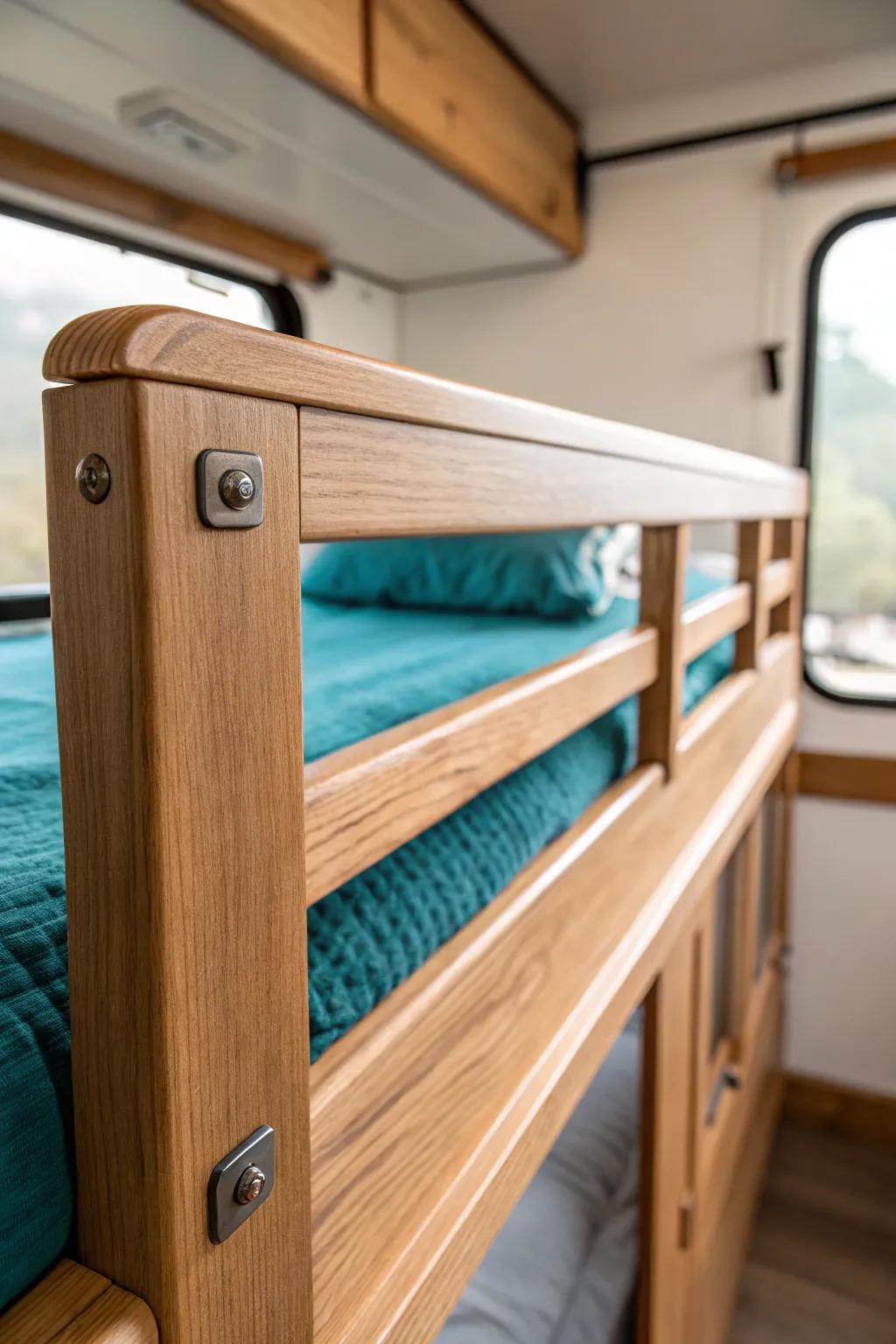 Smooth, rounded wood guard rail—sturdy, kid-safe, and beautifully minimal for RV bunks.