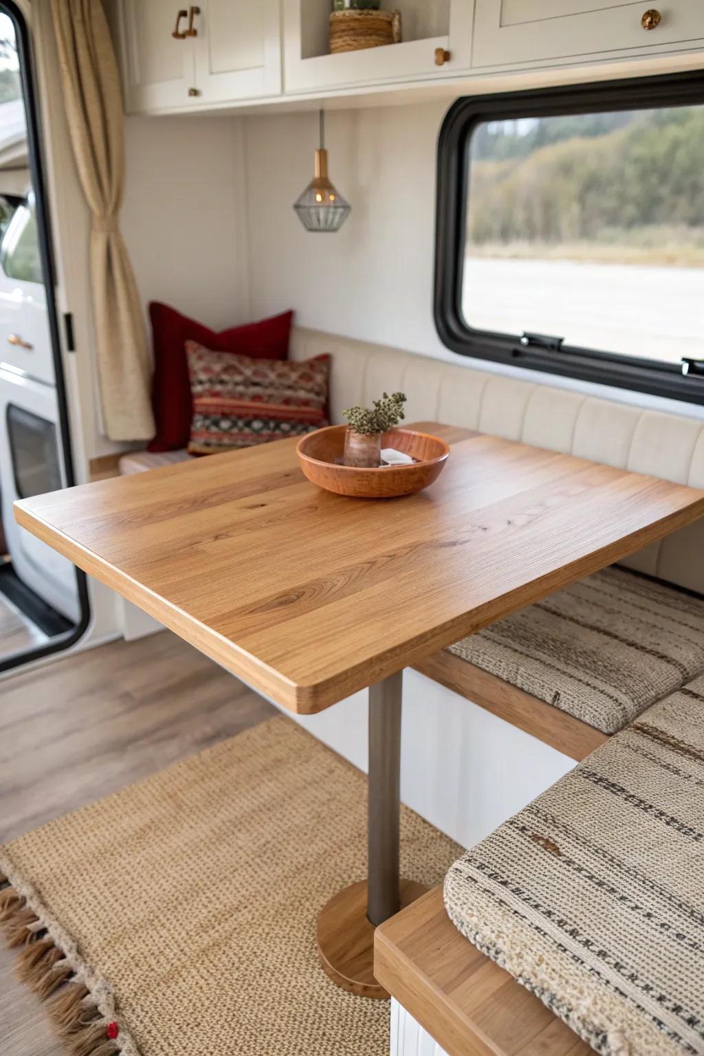 Lift-off RV dining table top that stows flat—clean lines, more floor space, crafted beauty.