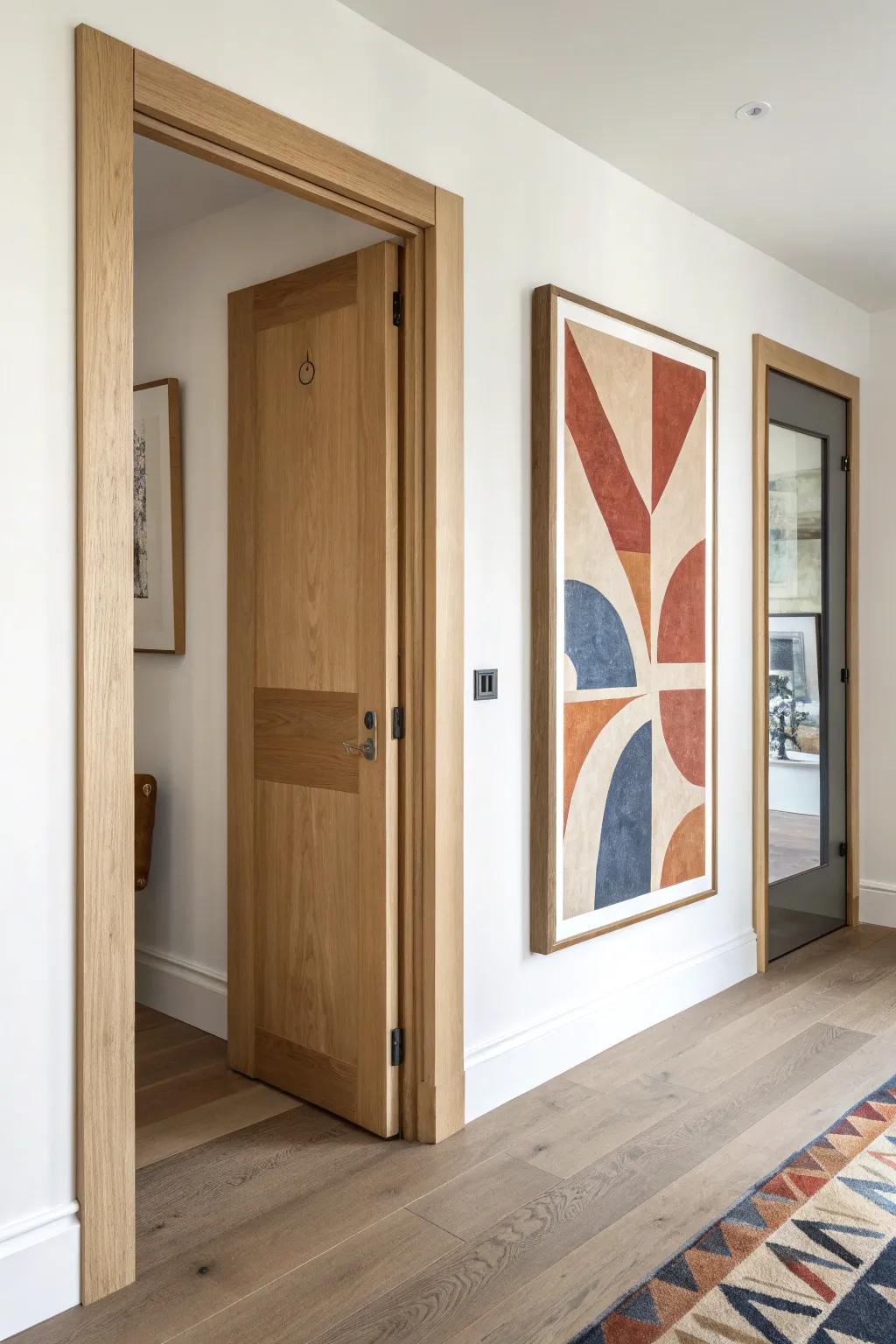 Oversized art panel pivot door: a hidden safe-room entrance with Scandinavian calm + bold art.