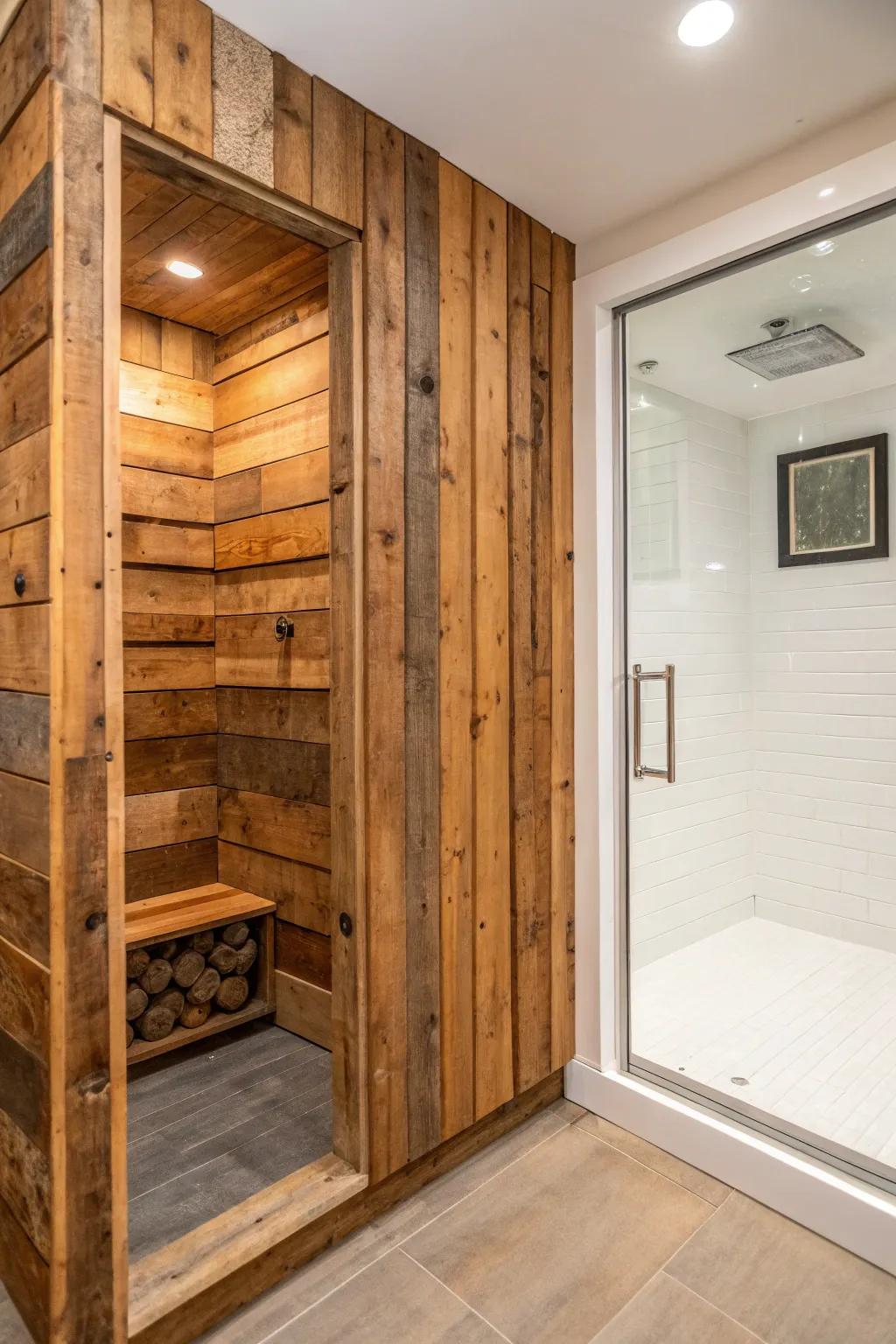Reclaimed wood accent wall adds rustic warmth to a sleek sauna‑shower combo—without the full commit.