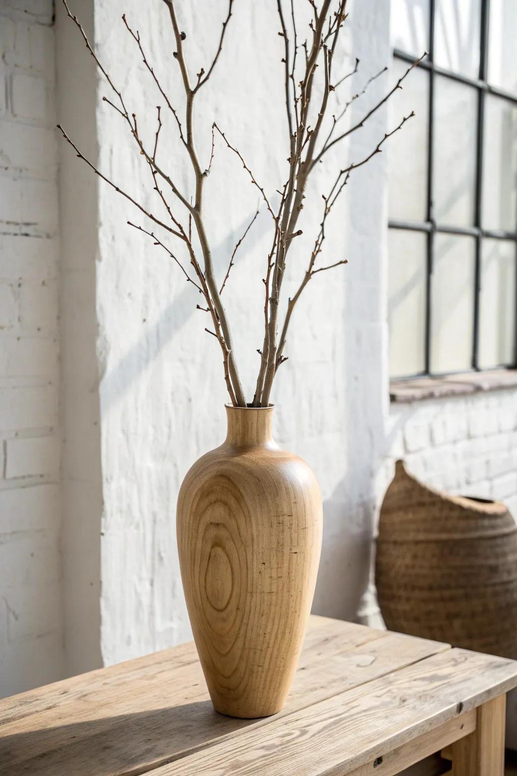 Bare branches in a hand-turned wooden vase—simple Scandinavian centerpiece with bold contrast.