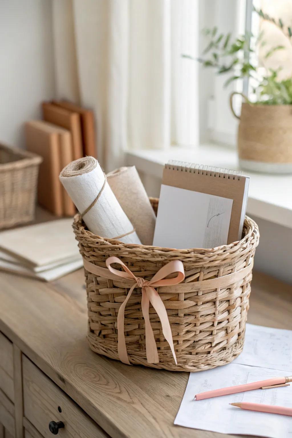 Woven wicker basket magic: hide paper clutter while adding cozy shabby chic texture.