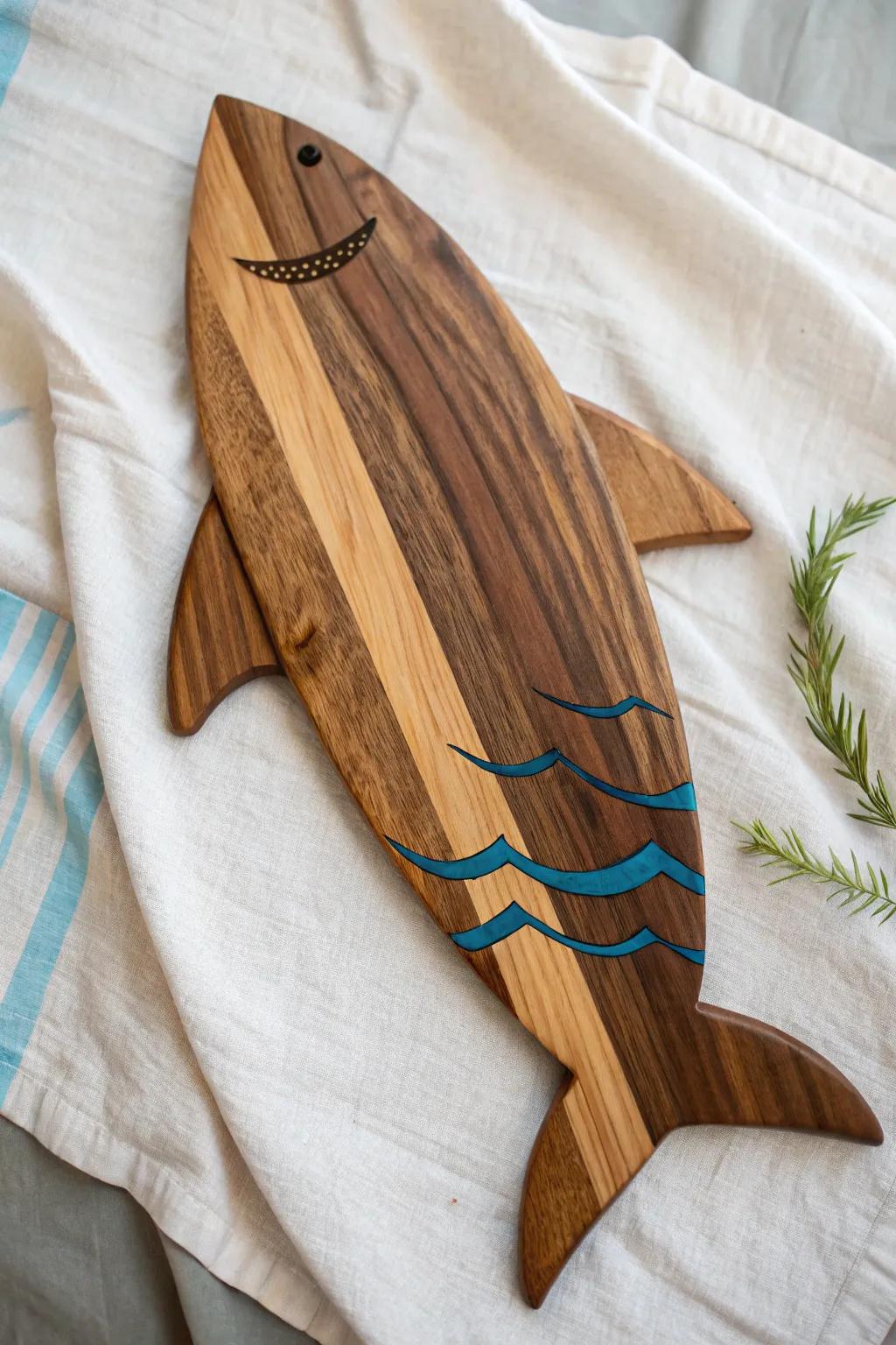Shark-shaped reclaimed wood board blank—bold ocean-blue accent meets clean Scandinavian craft.