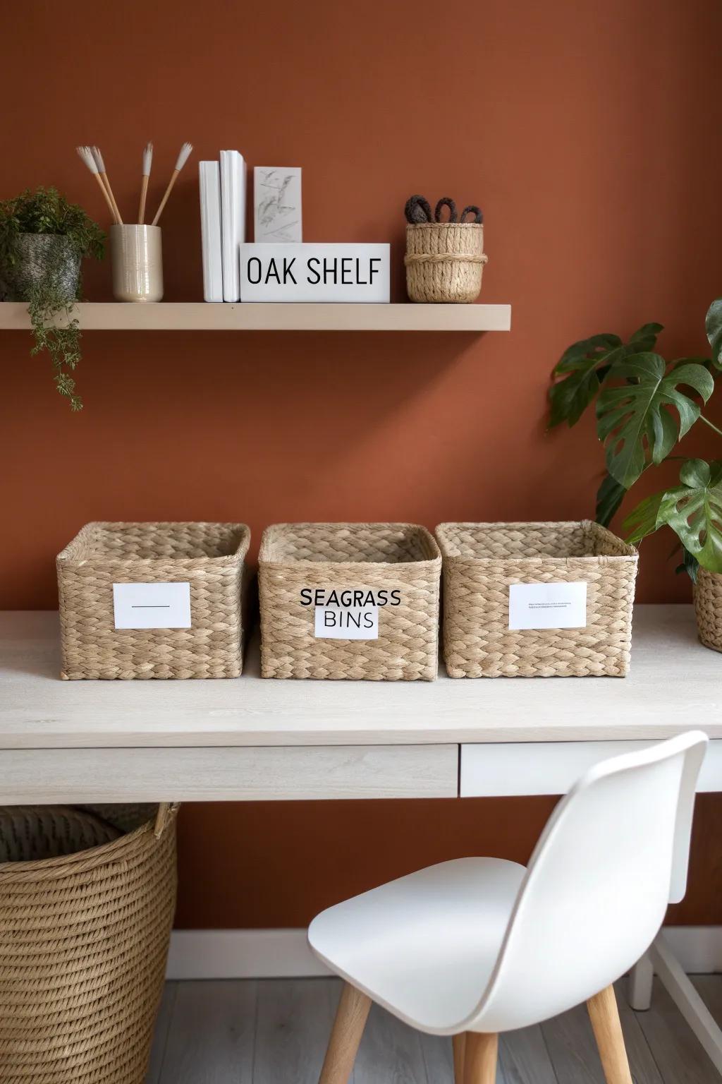 A floating shelf with matching labeled bins keeps your desk zone calm, tidy, and beautiful.