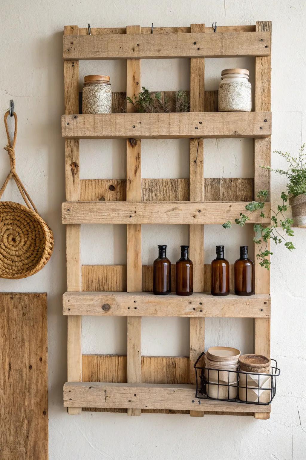 Pallet-wood wall grid shelving—rustic, tidy storage with one bold color pop.
