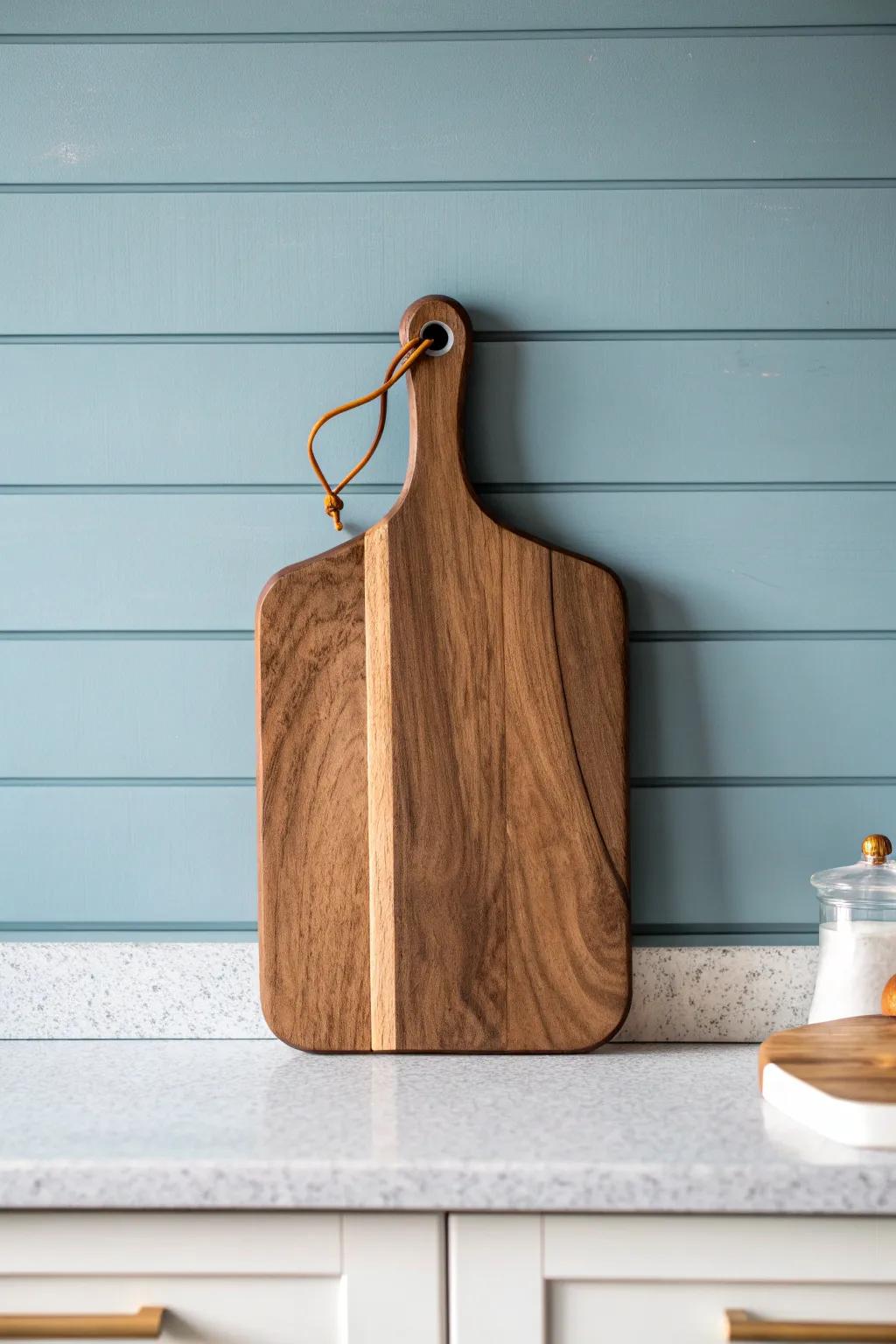 Dusty coastal-blue shiplap + warm walnut grain—bold contrast for a cozy, crafted kitchen.