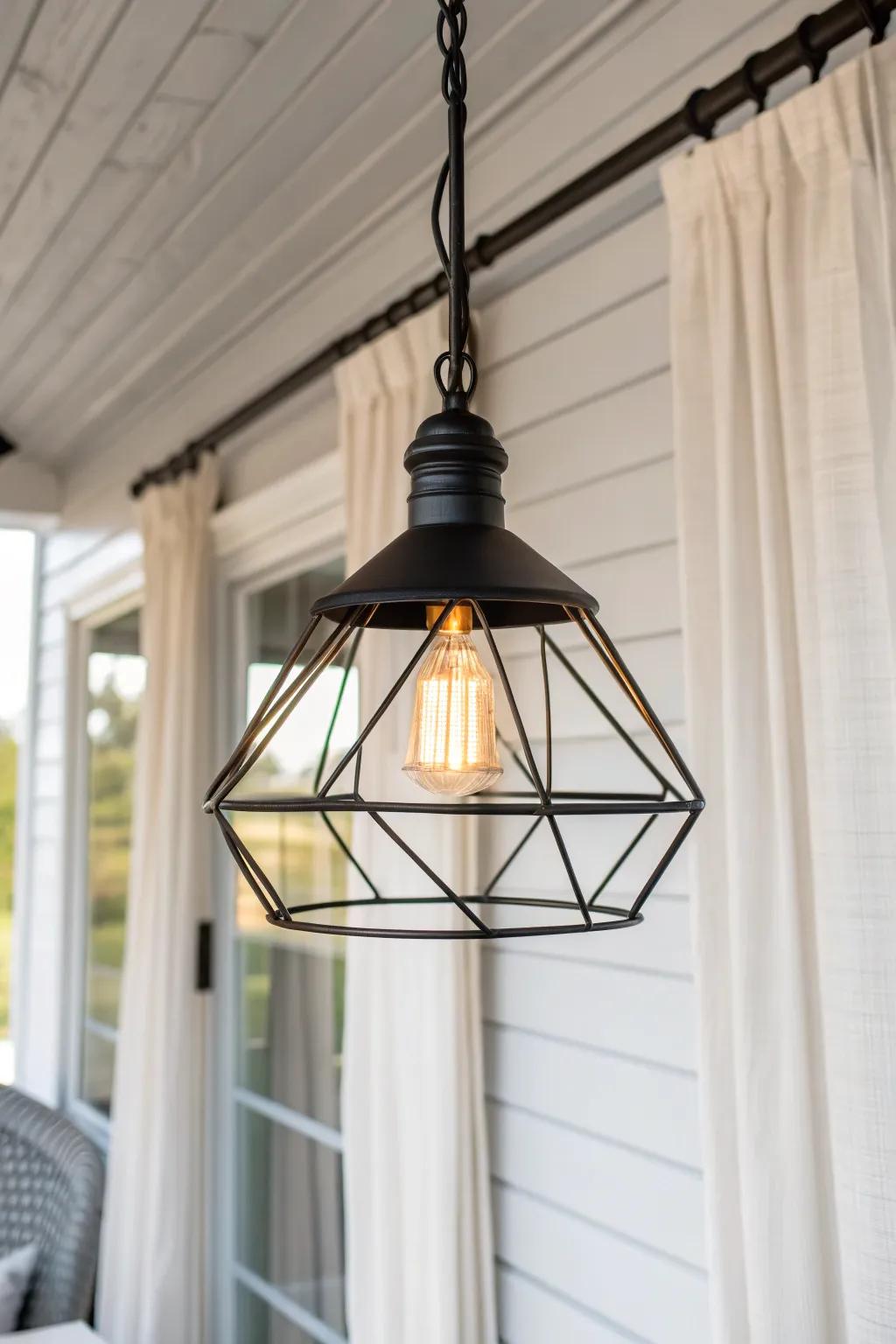 Matte-black pendant on white shiplap brings crisp contrast and cozy glow to a sunroom.