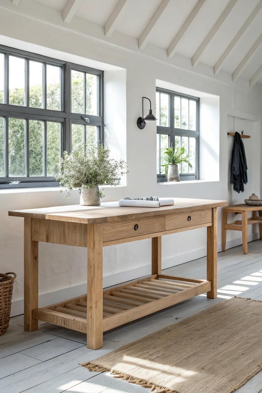 Clerestory windows flood a shouse with daylight—bright workspace, clear walls, calm style.