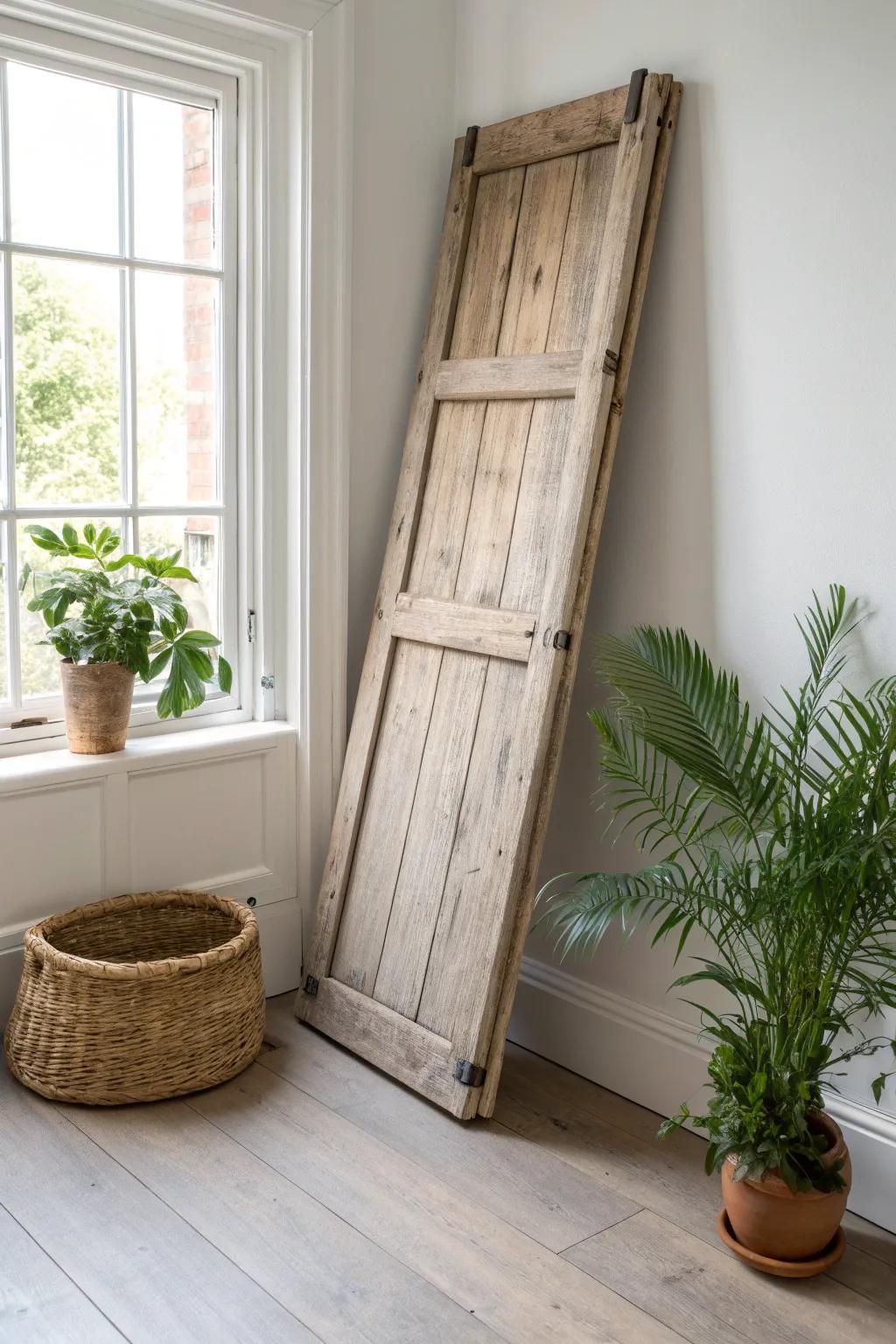Lean a reclaimed shutter in the corner for effortless charm—wood grain, shadow play, and calm.