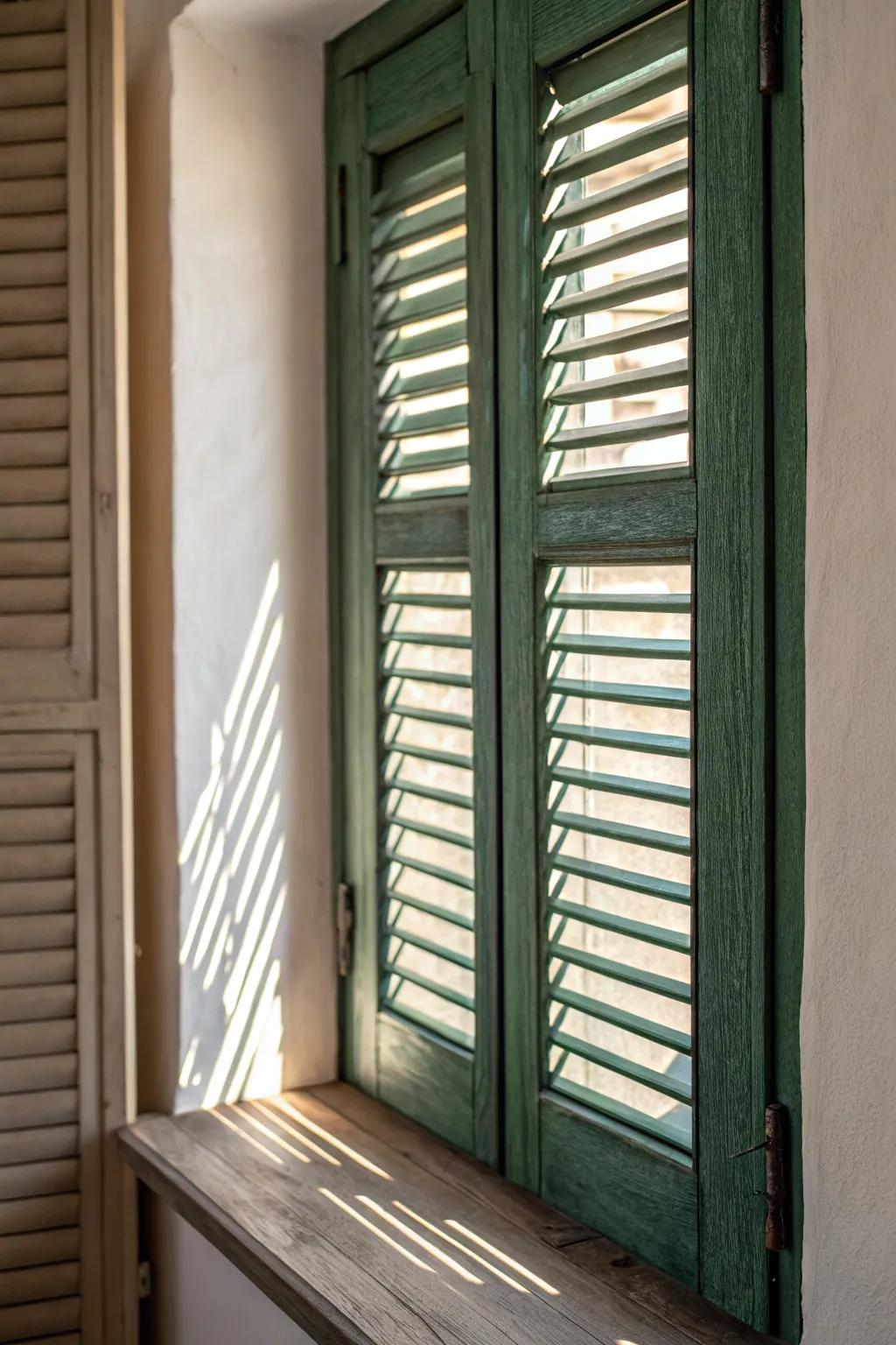 Narrow-louver shutters add classic detail and dreamy filtered daylight for calm living rooms.