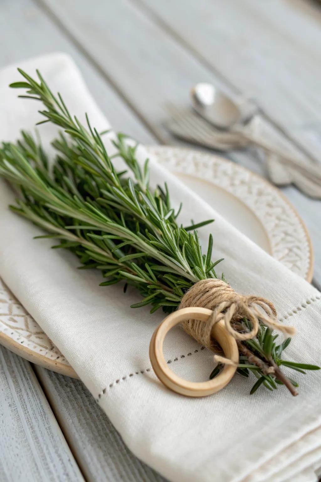 Rosemary bundles tied in twine add scent, style, and a sweet takeaway for each guest.