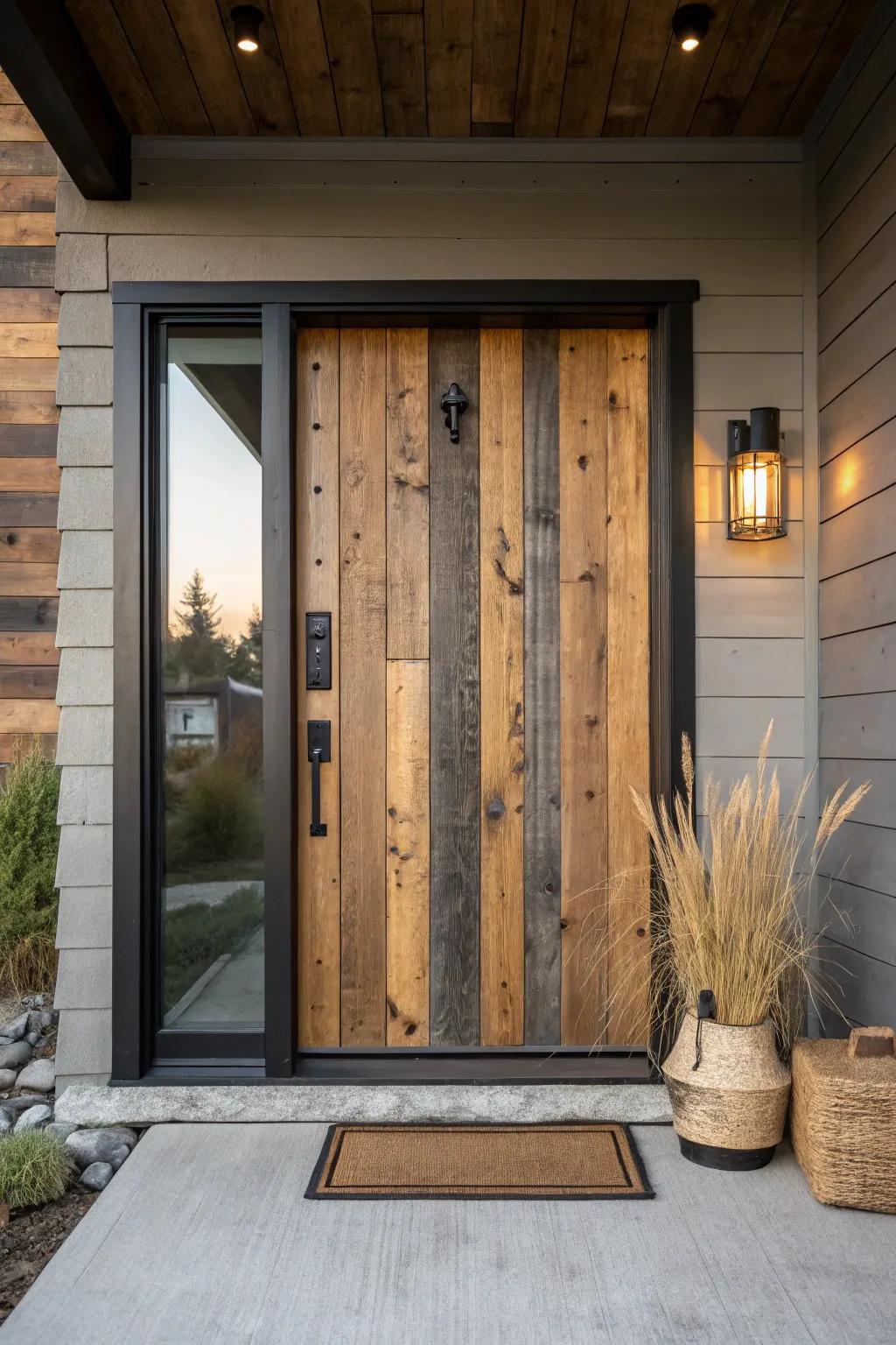 Reclaimed wood plank front door—knots, saw marks, and warm dusk light for instant character.
